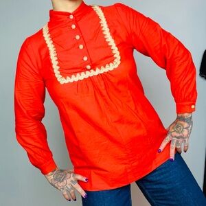 70’s Vintage Blood Orange Raffia Trim Linen Women's Button-Down Tunic Top S 36B